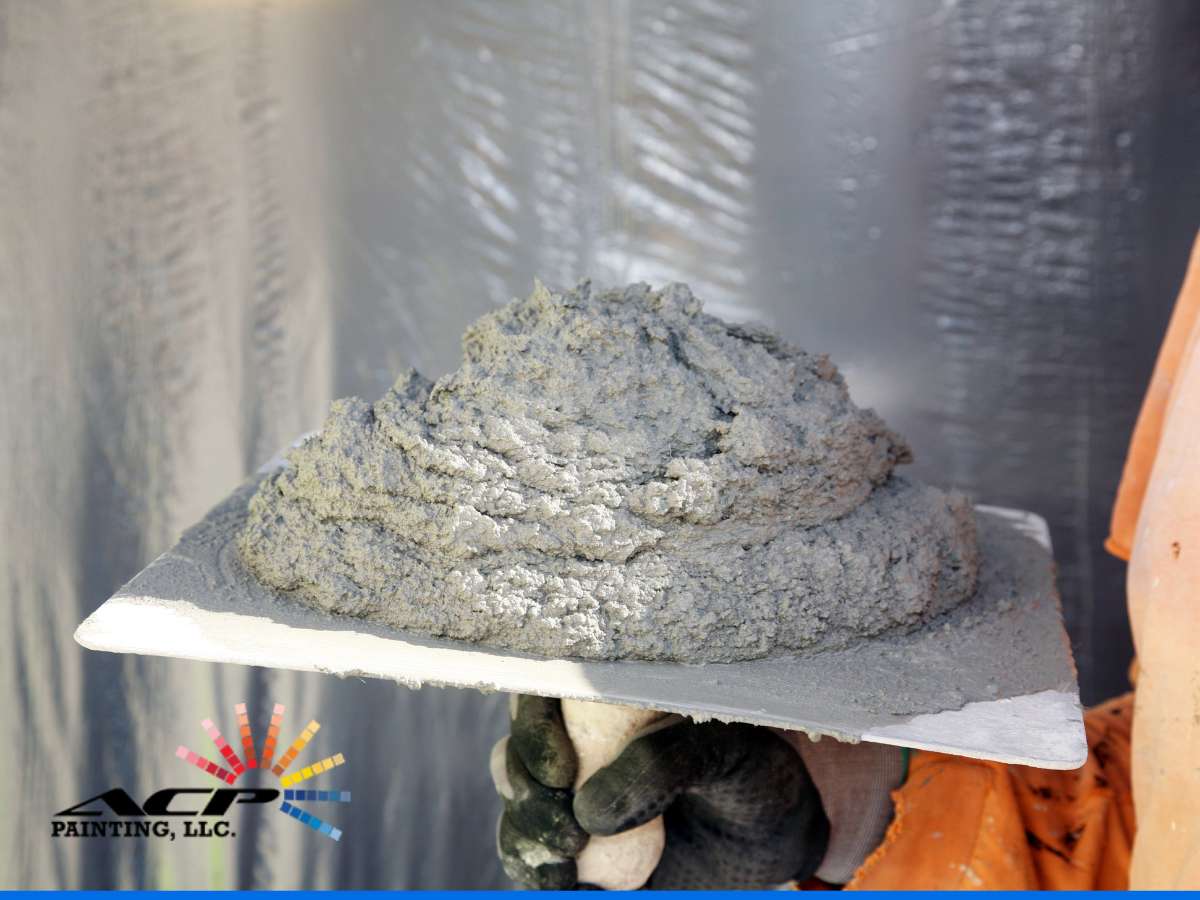 Worker holding a trowel with fresh stucco mix for Professional Stucco Repair services